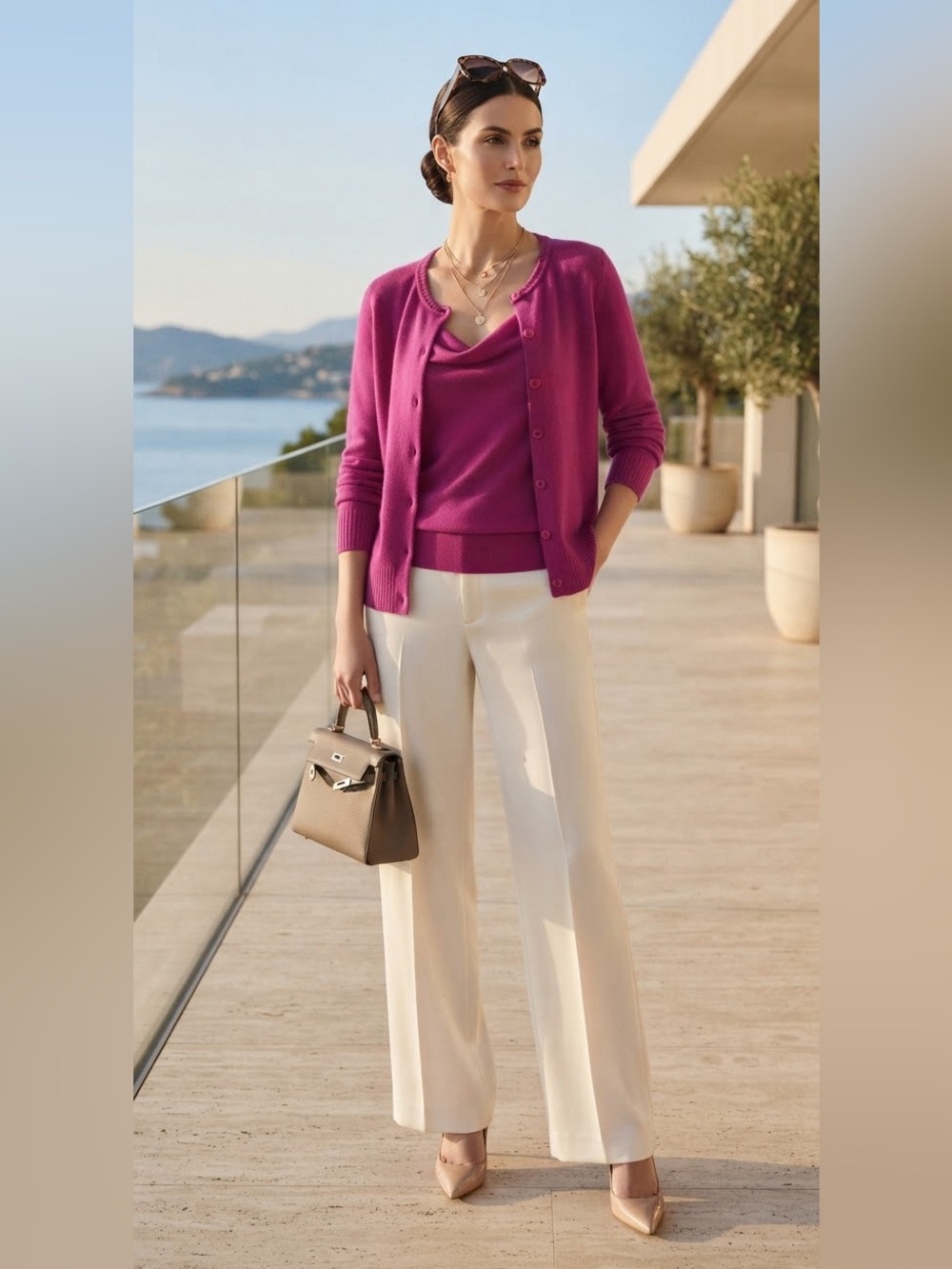 Margaret O'Leary fuchsia cashmere cardigan set